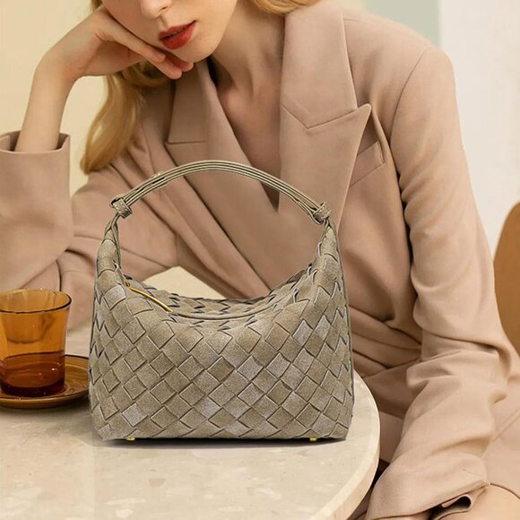 Luxurious Suede Hobo Bag - Women's Woven Leather Shoulder Bag with Spacious Inte - Picture 7 of 9